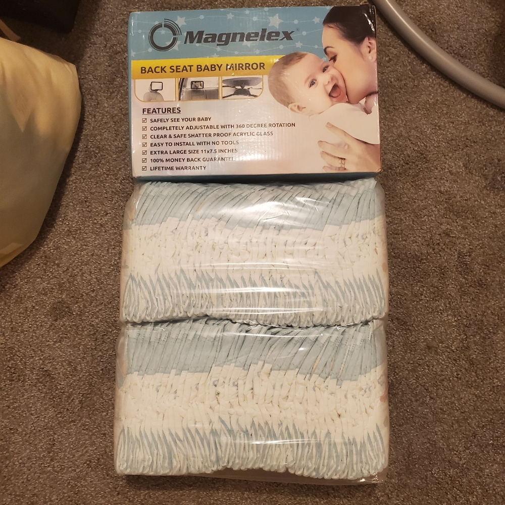 Pampers baby dry size 1 diapers and Magnelex car back seat baby mirror